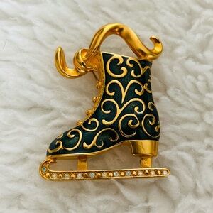 Trifari 1997 Gold and Green Enamel Ice Skate Brooch Pendant